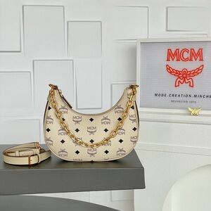 MCM Beige Shoulder Bag with Gold Accents